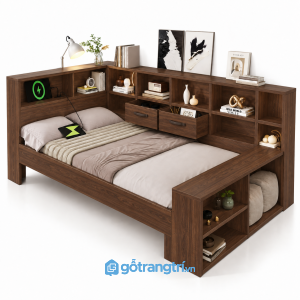 Giường ngủ gỗ màu vàng tích hợp kệ đầu giường GHS-9060 - 1018x2350x800mm - màu 613 - GHS-9060g
