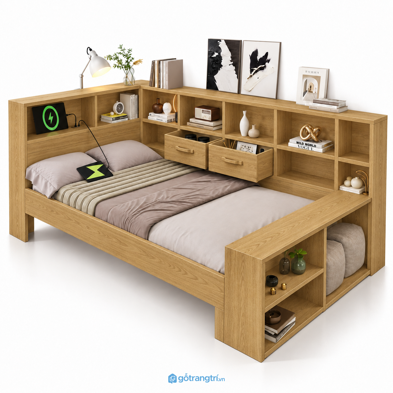 Giường ngủ gỗ màu vàng tích hợp kệ đầu giường GHS-9060 - 1018x2350x800mm - Màu gỗ sồi - GHS-9060c Giường ngủ gỗ màu vàng tích hợp kệ đầu giường GHS-9060 - 1018x2350x800mm - Màu gỗ sồi - GHS-9060c