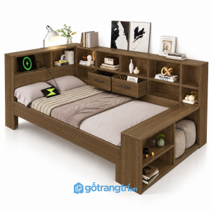 Giường ngủ gỗ màu vàng tích hợp kệ đầu giường GHS-9060 - 1018x2350x800mm - Màu óc chó - GHS-9060d