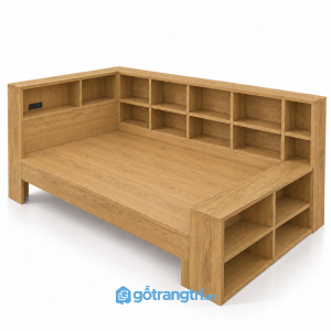Giường ngủ gỗ màu vàng tích hợp kệ đầu giường GHS-9060 - hình ảnh thực tế 1