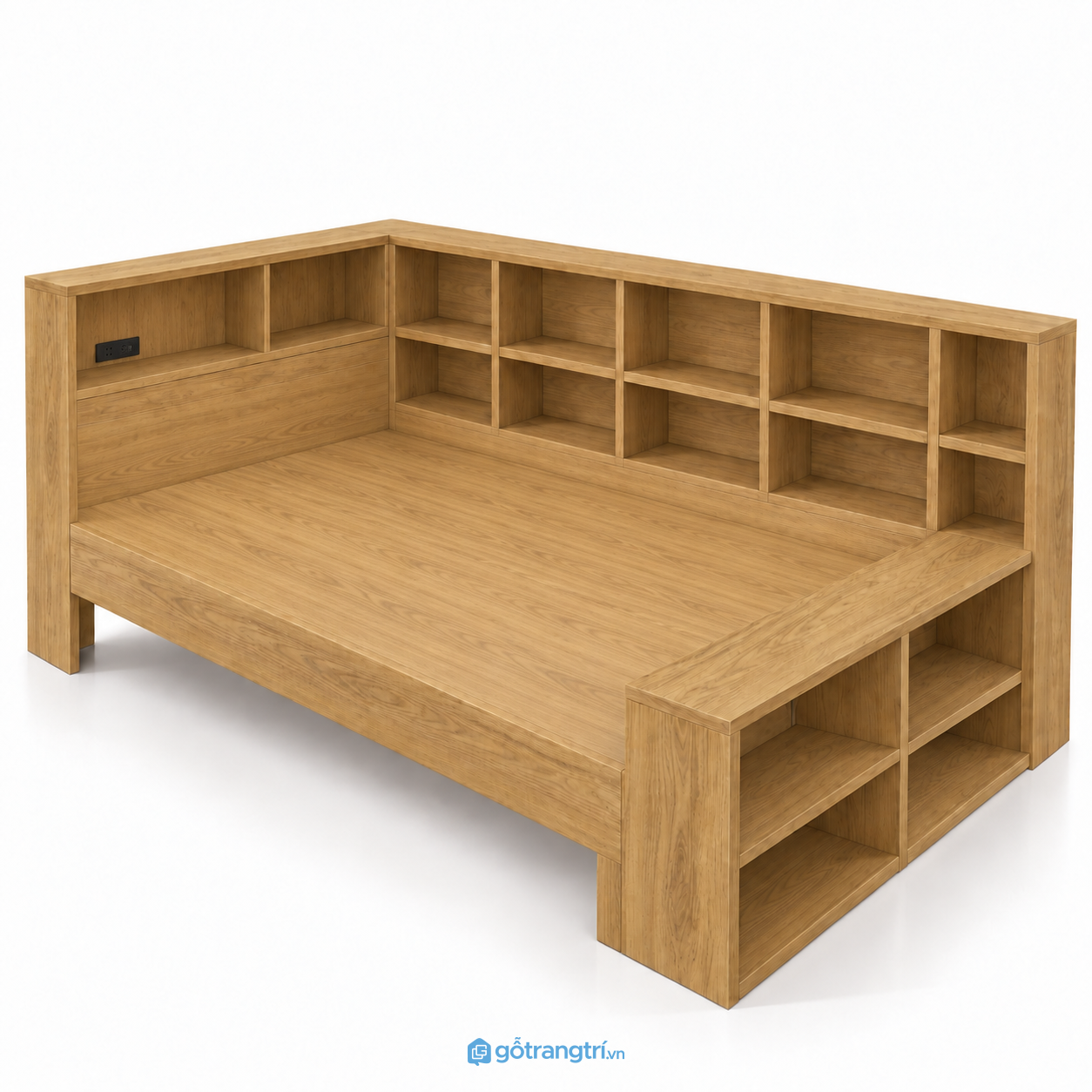 Giường ngủ gỗ màu vàng tích hợp kệ đầu giường GHS-9060 - hình ảnh thực tế 1 Giường ngủ gỗ màu vàng tích hợp kệ đầu giường GHS-9060 - hình ảnh thực tế 1