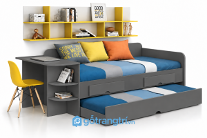 Giường ngủ kết hợp bàn học và kệ sách đa năng GHS-9074 - Giường ngủ: 2030x1200x750; Kệ sách:2000x250x550 - Màu ghi - GHS-9074