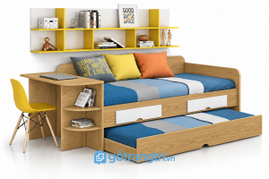 Giường ngủ kết hợp bàn học và kệ sách đa năng GHS-9074 - Giường ngủ: 2030x1200x750; Kệ sách:2000x250x550 - Màu gỗ sồi - GHS-9074
