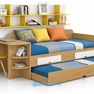Giường ngủ kết hợp bàn học và kệ sách đa năng GHS-9074 - Giường ngủ: 2030x1200x750; Kệ sách:2000x250x550 - Màu gỗ sồi - GHS-9074