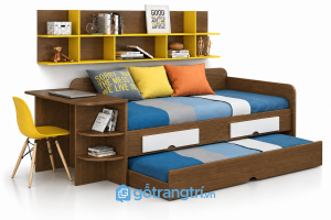 Giường ngủ kết hợp bàn học và kệ sách đa năng GHS-9074 - Giường ngủ: 2030x1200x750; Kệ sách:2000x250x550 - Màu gỗ óc chó - GHS-9074