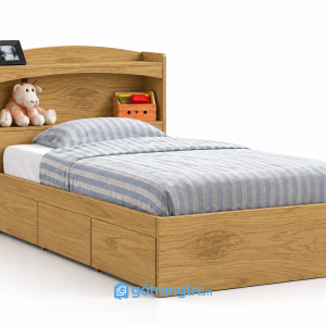 Giường ngủ màu xám có ngăn kéo và kệ đầu giường GHS-9063 - 2025x1234x950mm - Màu gỗ sồi - GHS-9063