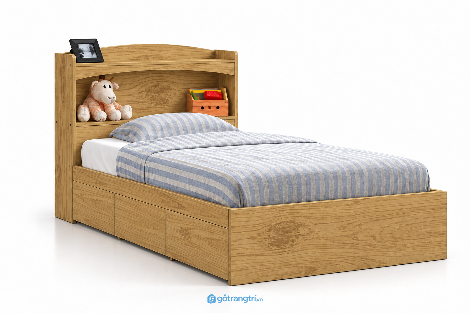 Giường ngủ màu xám có ngăn kéo và kệ đầu giường GHS-9063 - 2025x1234x950mm - Màu gỗ sồi - GHS-9063