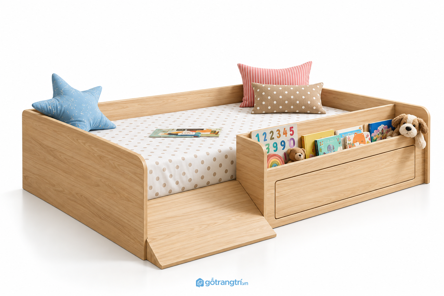 Giường ngủ thấp cho bé có ngăn kéo tiện dụng GHS-9075 - 2043x1234x500mm - Màu gỗ sồi - GHS-9075 Giường ngủ thấp cho bé có ngăn kéo tiện dụng GHS-9075 - 2043x1234x500mm - Màu gỗ sồi - GHS-9075