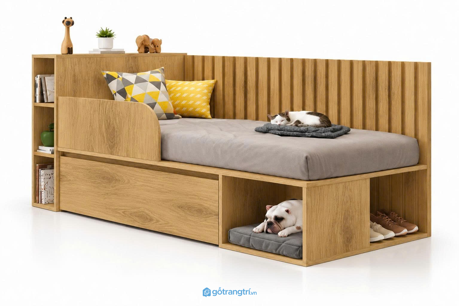 Giường ngủ trẻ em có kệ và ngăn kéo đa năng GHS-9064 - 134x220x80cm - Màu gỗ sồi - GHS-9064c Giường ngủ trẻ em có kệ và ngăn kéo đa năng GHS-9064 - 134x220x80cm - Màu gỗ sồi - GHS-9064c