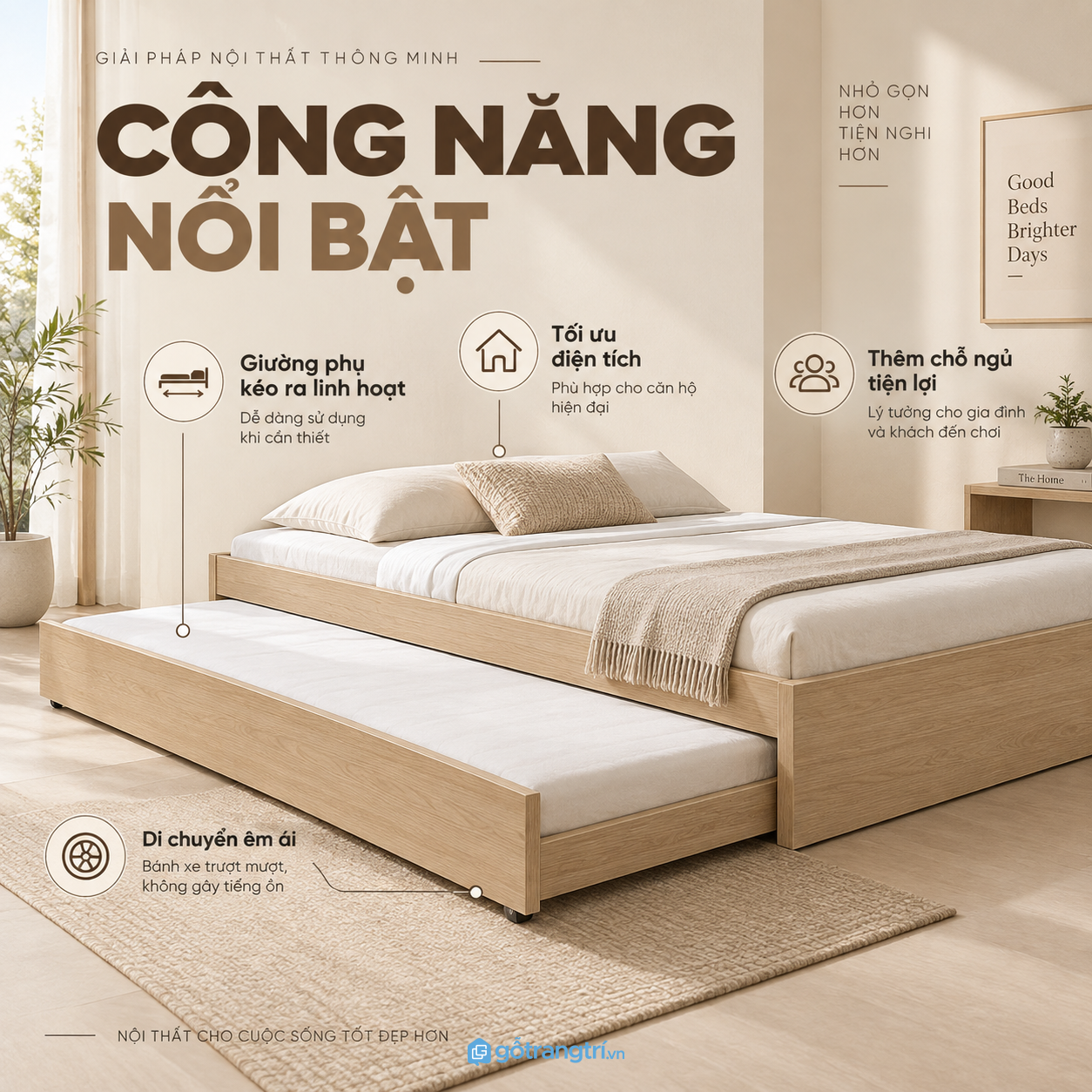 Giường phụ kéo dưới gầm tạo thêm một chỗ ngủ