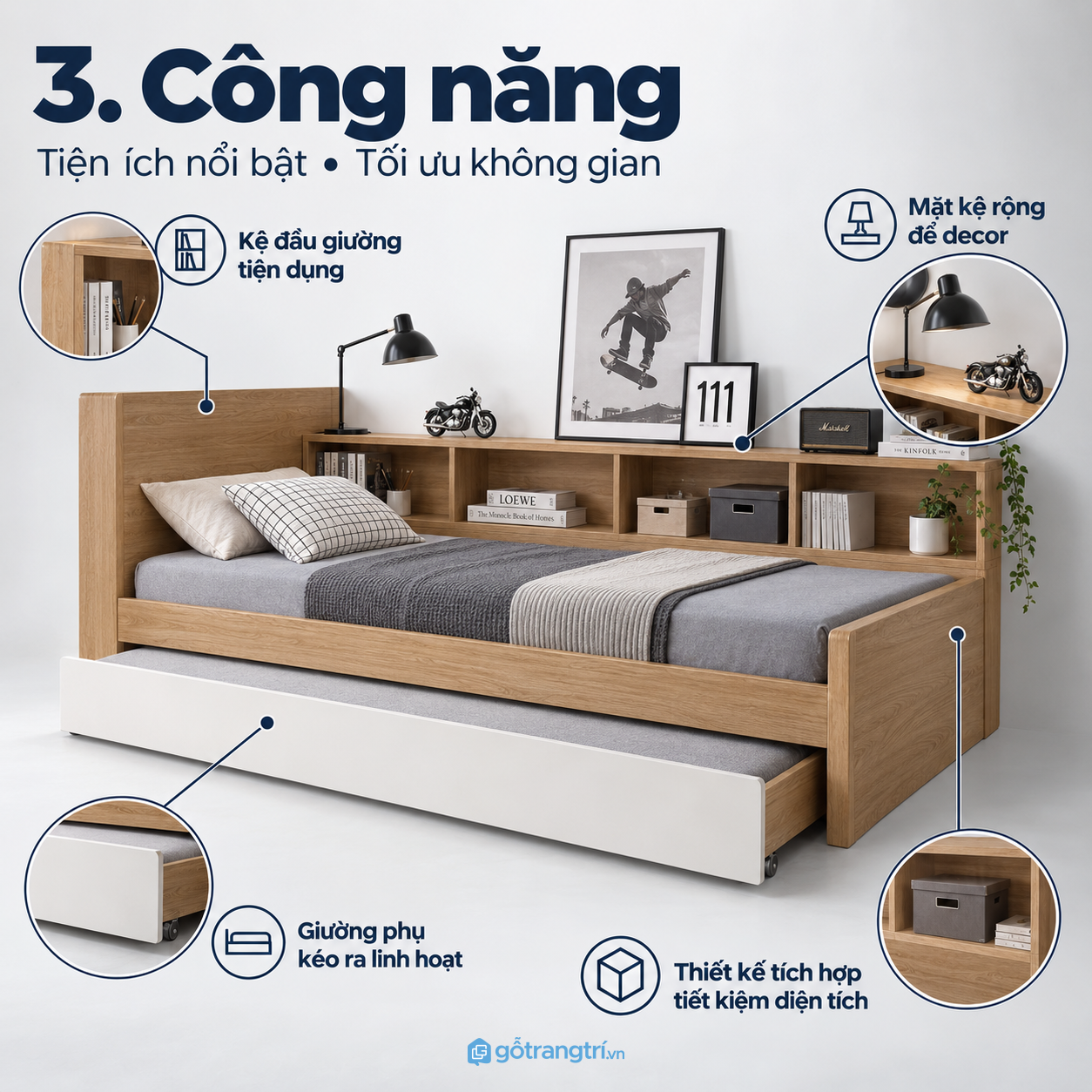 Giường phụ kéo ra khi cần, thu gọn khi không sử dụng Giường phụ kéo ra khi cần, thu gọn khi không sử dụng
