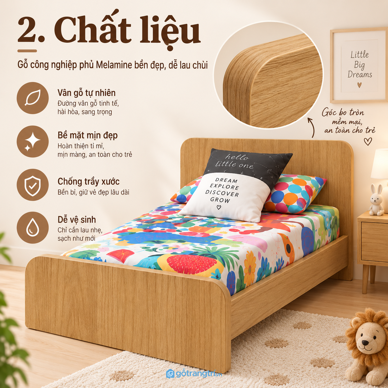 Gỗ công nghiệp màu sáng, dễ vệ sinh và sử dụng