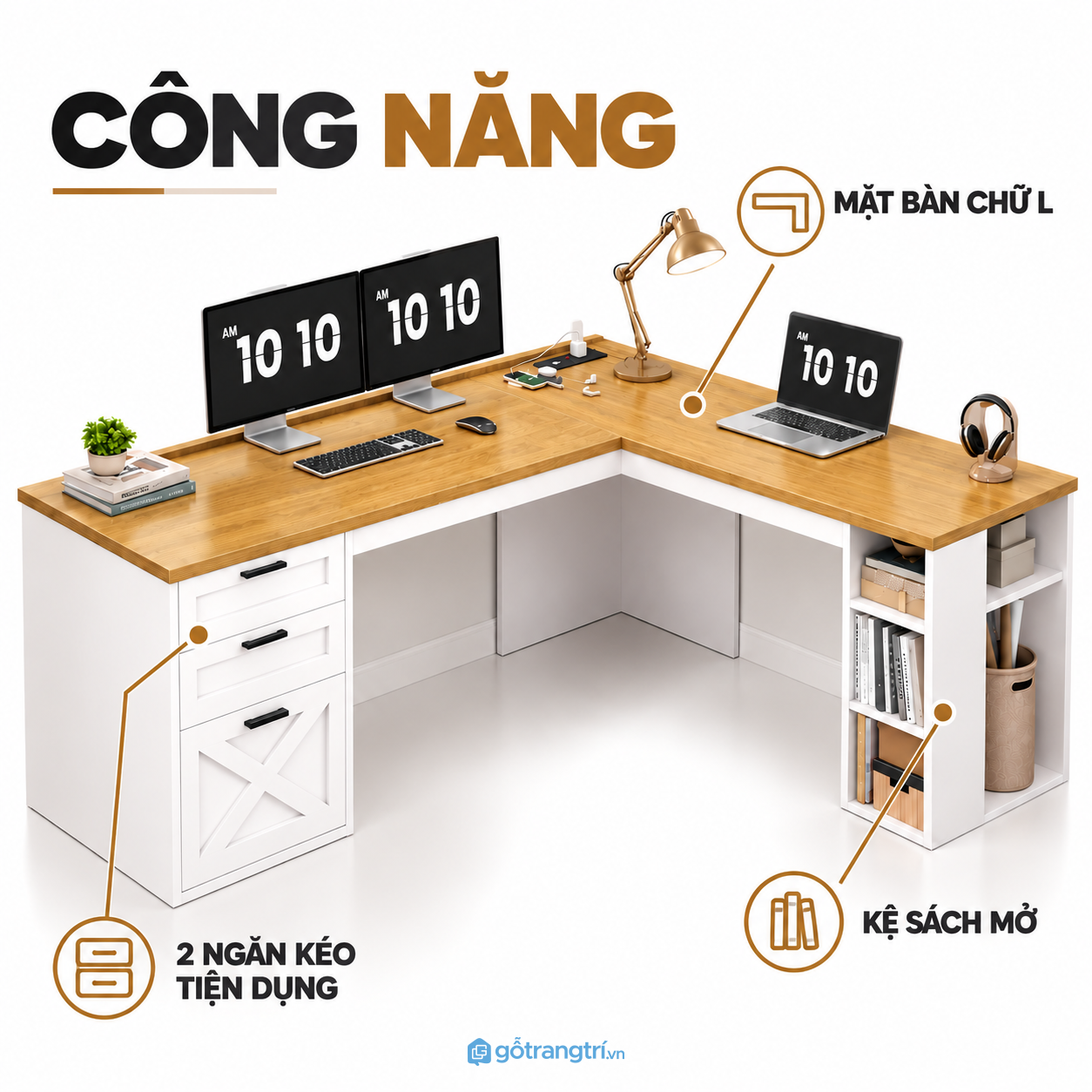 Hệ ngăn kéo và kệ giúp góc làm việc gọn hơn