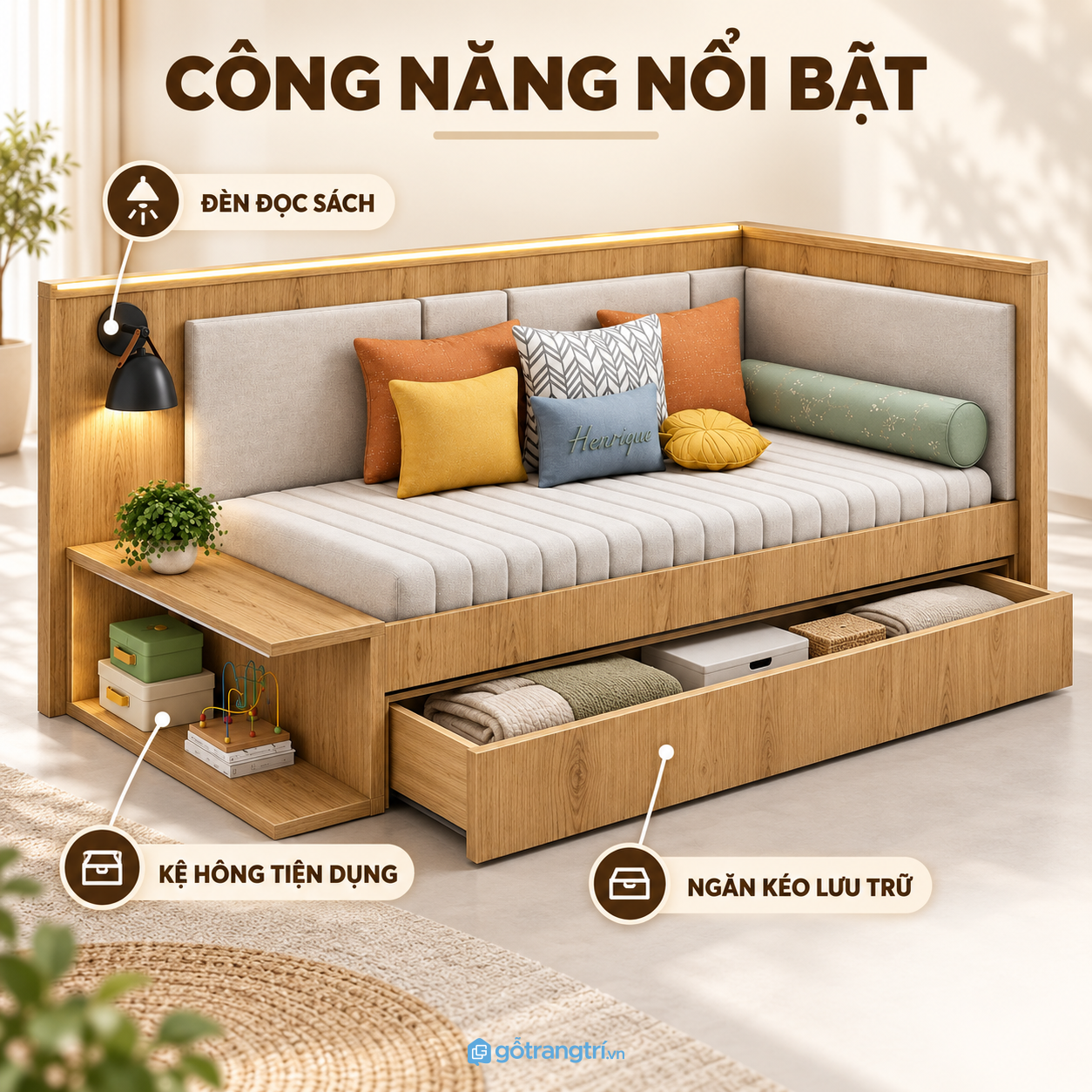 Hộc kéo và kệ bên hông tăng diện tích lưu trữ