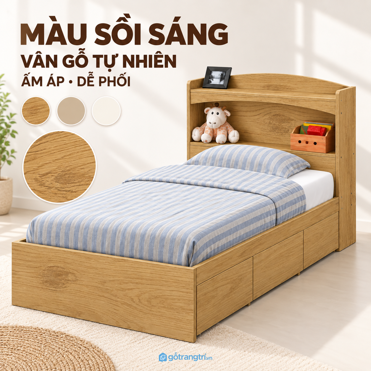 Kệ đầu giường tích hợp, thuận tiện để đồ