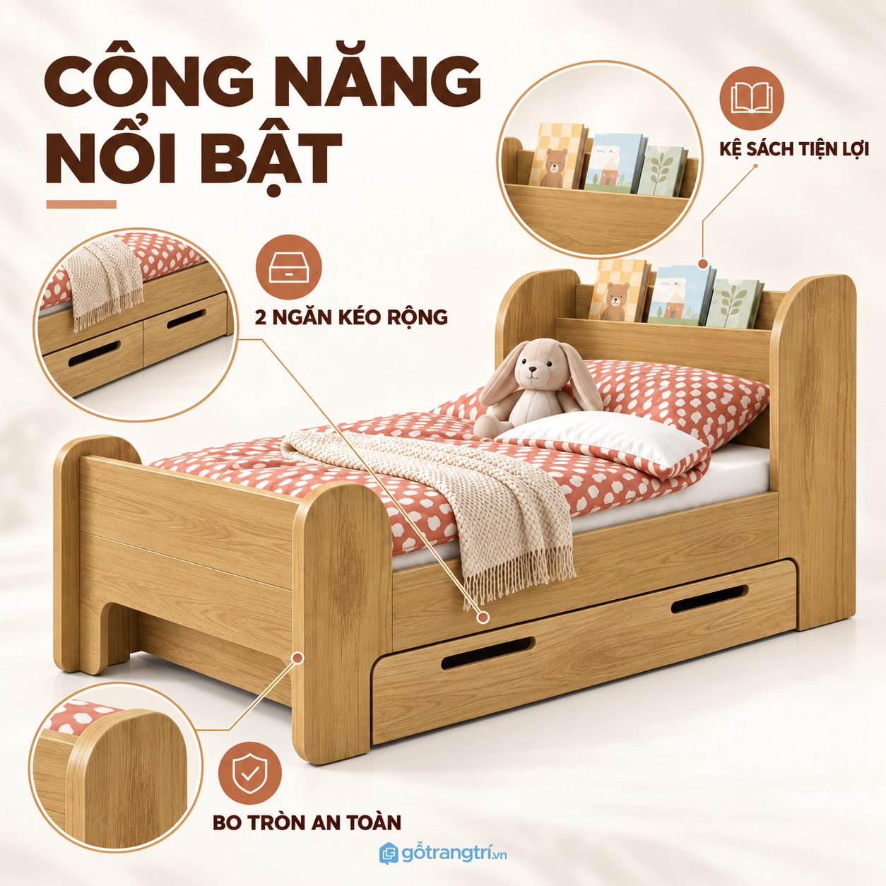 Kệ đầu giường và hộc kéo tăng không gian lưu trữ