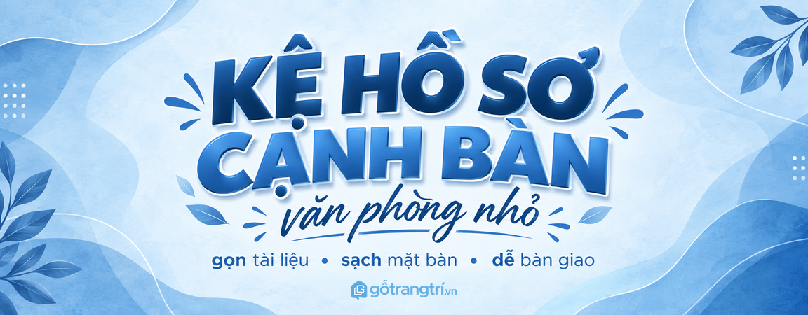Kệ hồ sơ đứng cạnh bàn làm việc văn phòng nhỏ: gọn tài liệu, sạch mặt bàn và dễ bàn giao