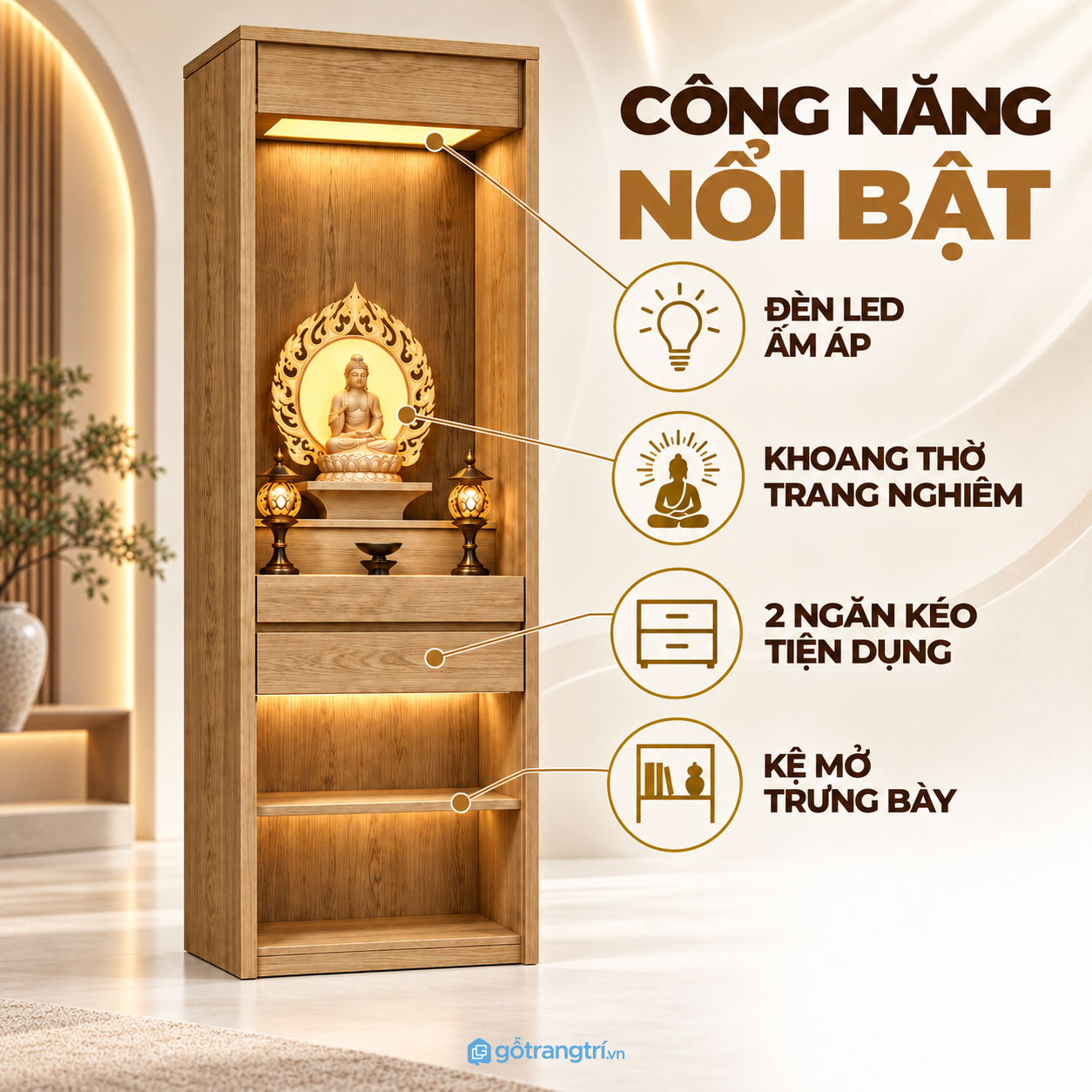 Khoang thờ kết hợp ngăn kéo và kệ mở