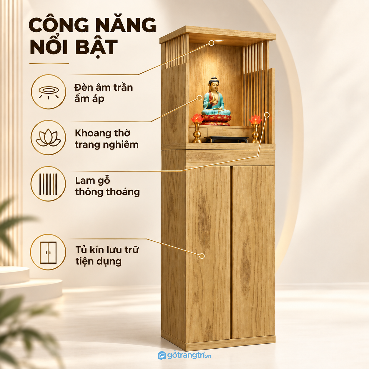 Khoang thờ kết hợp ngăn kéo và tủ 2 cánh