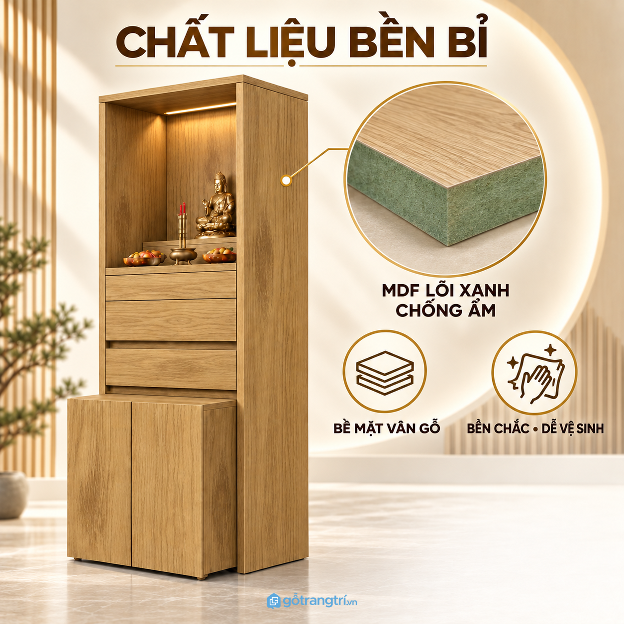 Khoang thờ riêng kết hợp đèn LED ánh sáng ấm