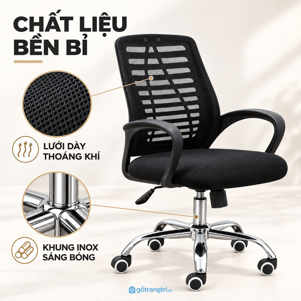 Lưng lưới thoáng, kết cấu phù hợp sử dụng hằng ngày