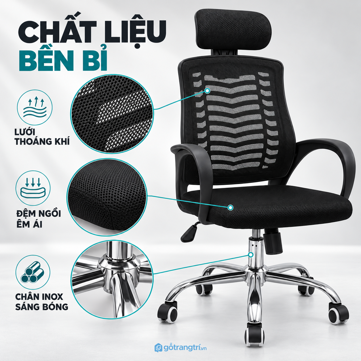 Lưng lưới thoáng, phù hợp nhu cầu làm việc hằng ngày Lưng lưới thoáng, phù hợp nhu cầu làm việc hằng ngày