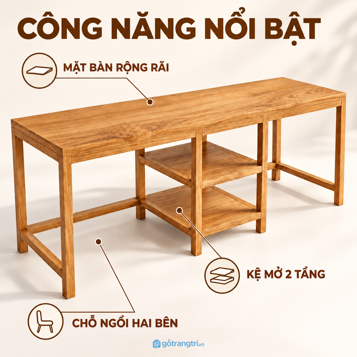 Mặt bàn rộng, kệ giữa tăng diện tích sử dụng