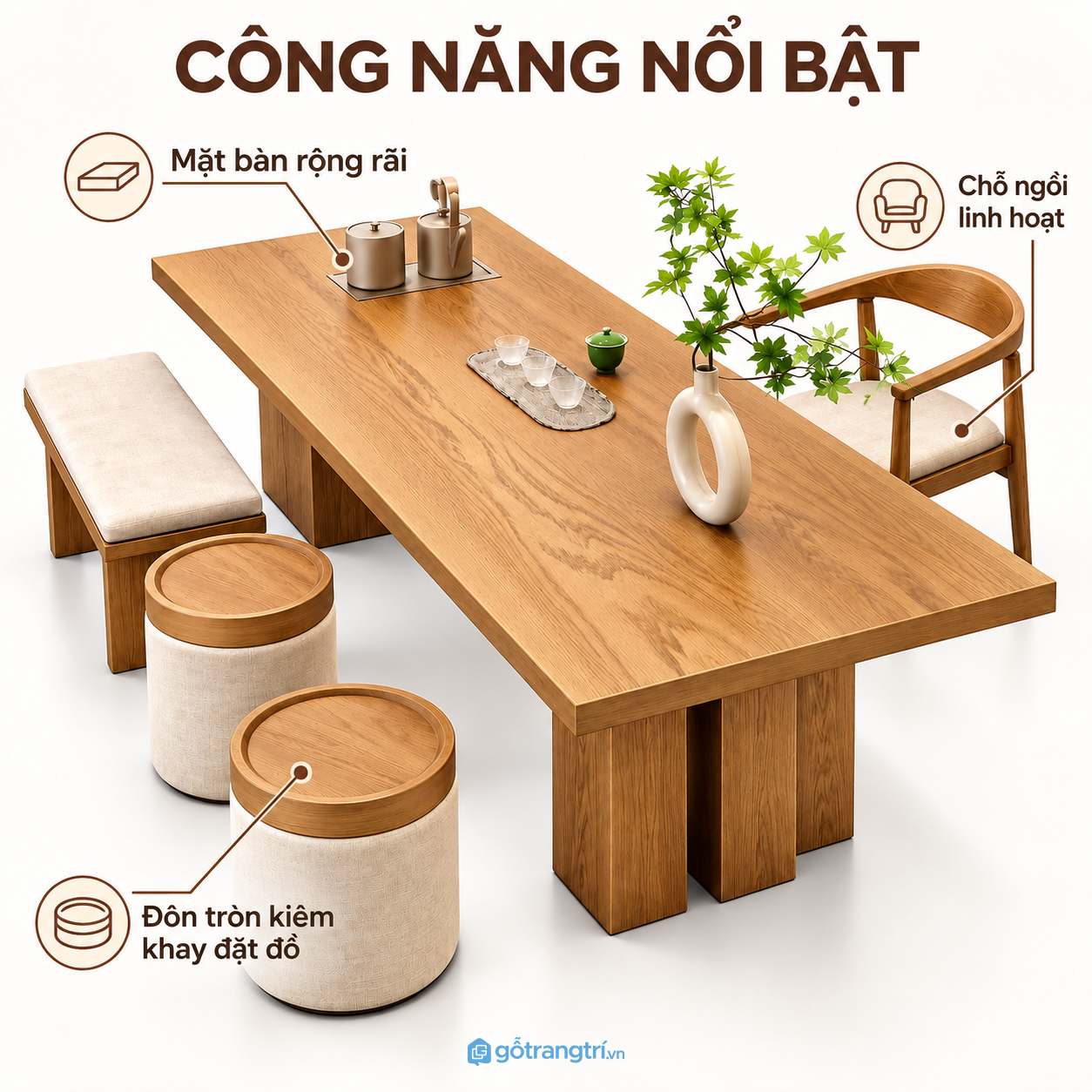Mặt bàn rộng thuận tiện tiếp khách và thưởng trà