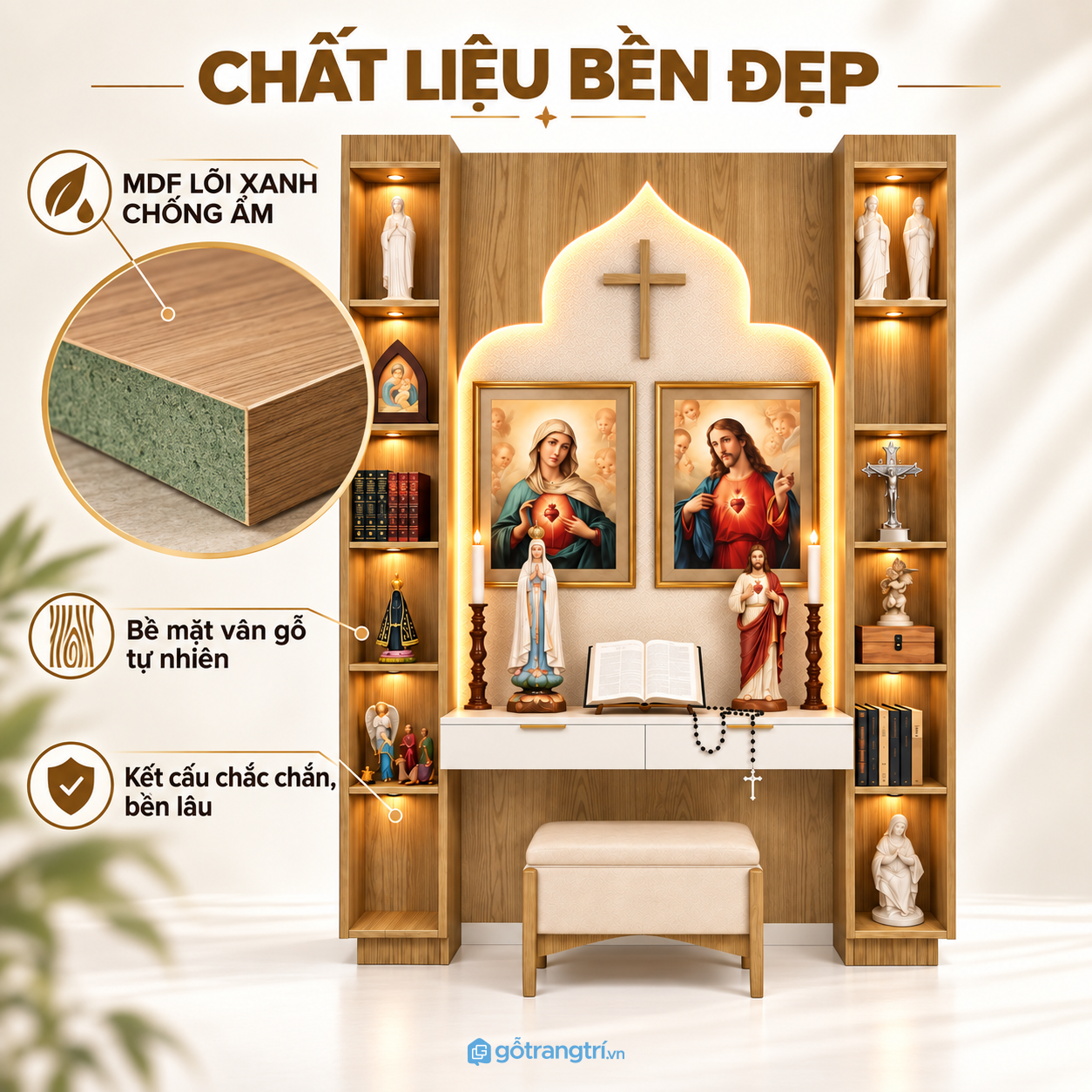 Màu gỗ ấm kết hợp hệ đèn LED từng khoang Màu gỗ ấm kết hợp hệ đèn LED từng khoang