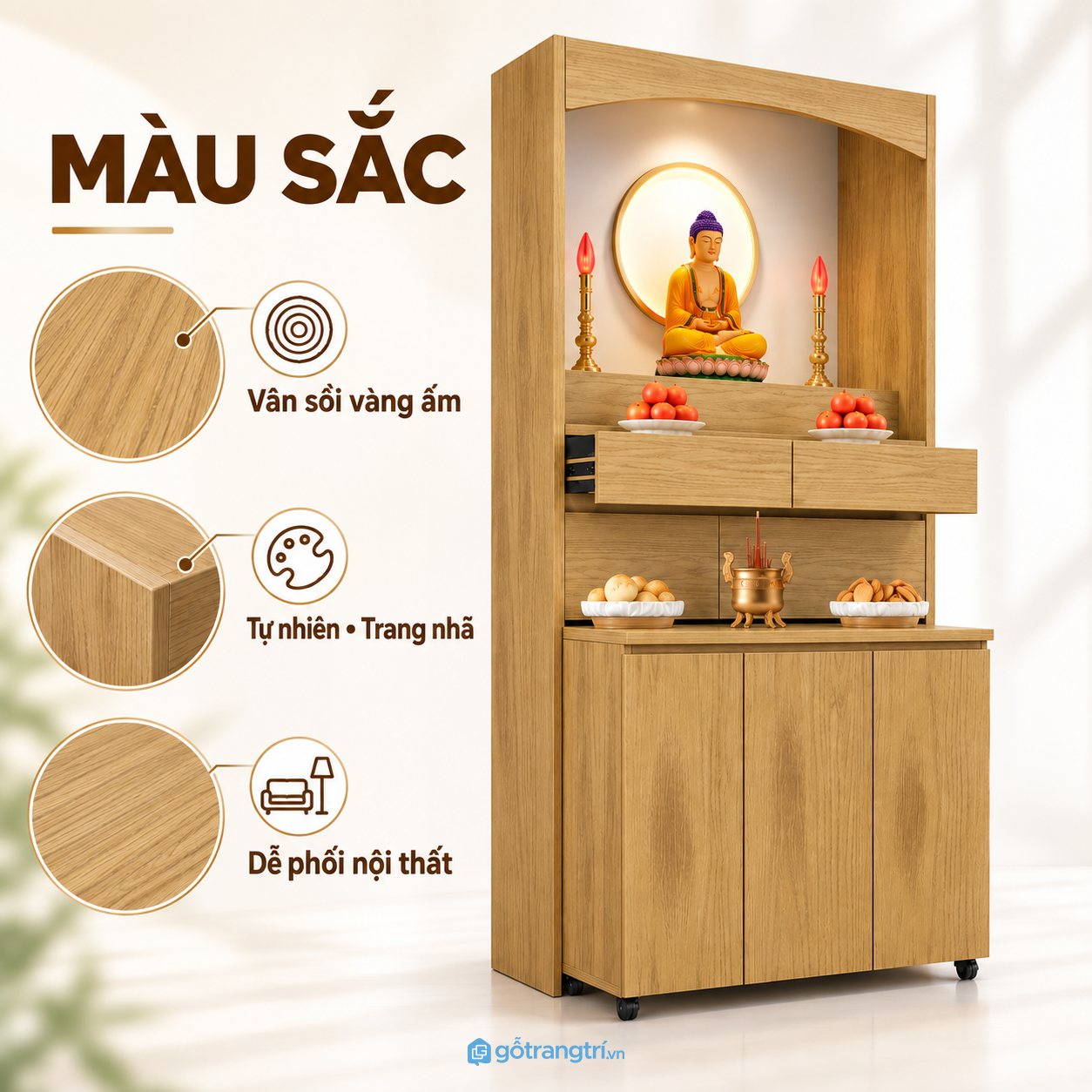 Màu gỗ sáng, vân gỗ tự nhiên