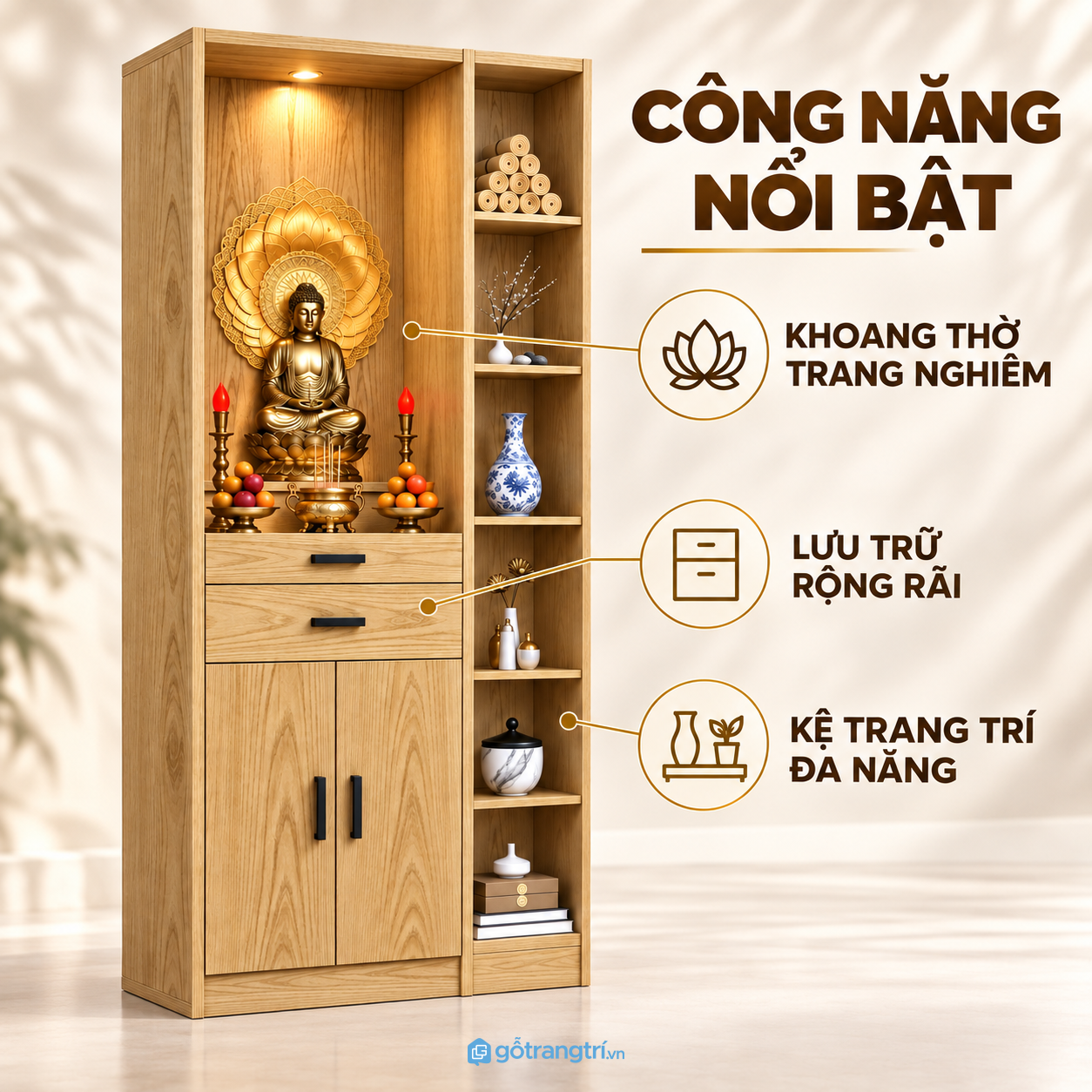 Ngăn kéo và tủ kín giúp cất đồ gọn gàng