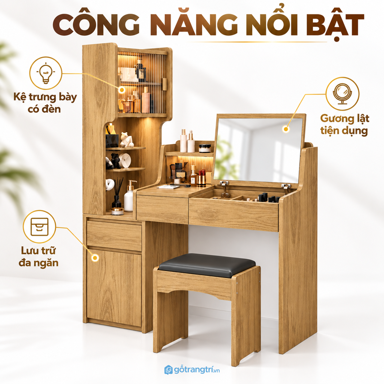 Nhiều không gian lưu trữ cho mỹ phẩm và phụ kiện