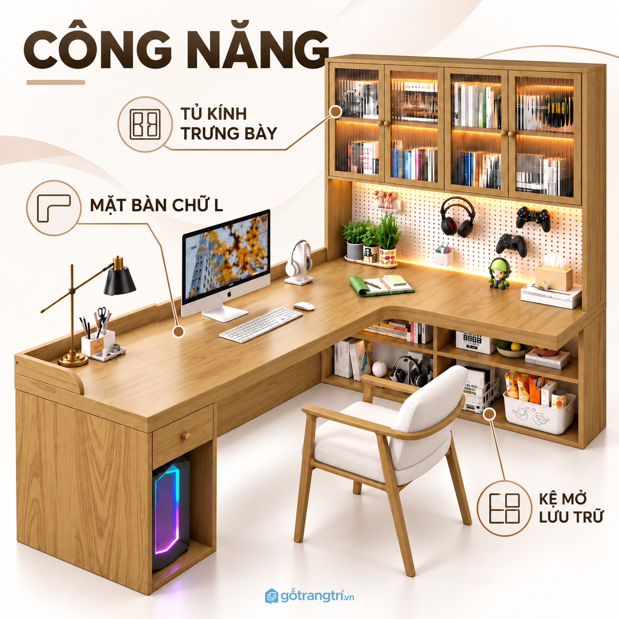 Nhiều khu vực lưu trữ cho sách và phụ kiện máy tính