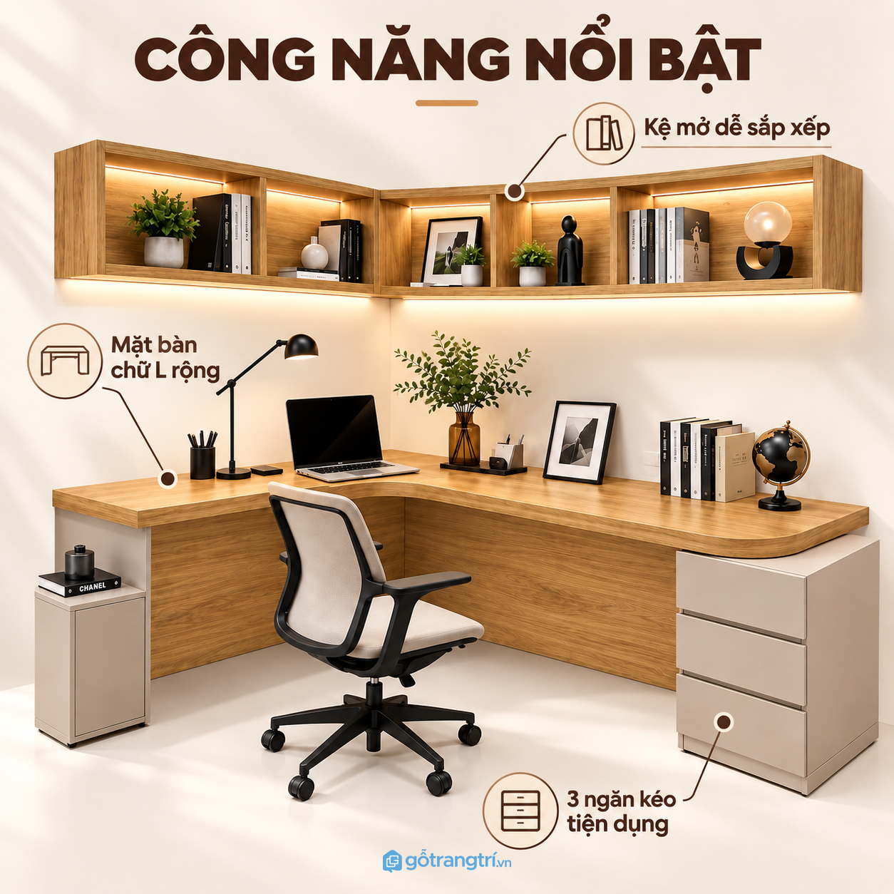 Nhiều khu vực lưu trữ cho tài liệu và vật dụng