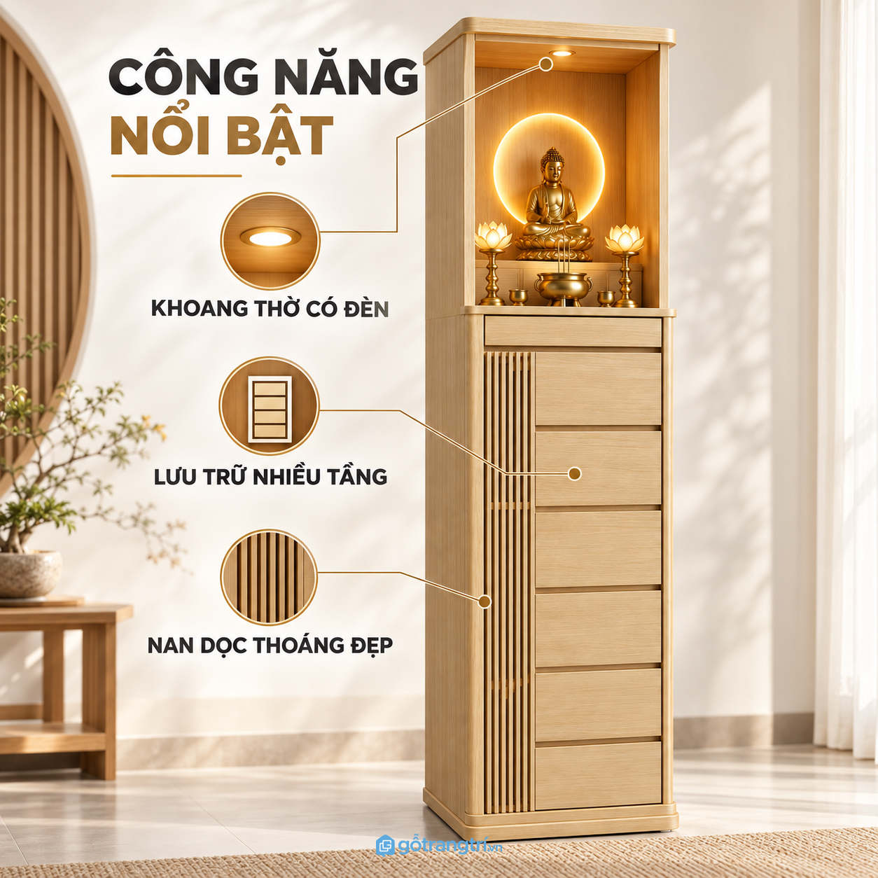 Nhiều ngăn kéo, thuận tiện lưu trữ đồ thờ