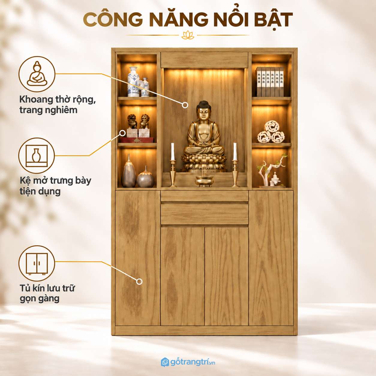 Nhiều ngăn lưu trữ, dễ sắp xếp đồ thờ