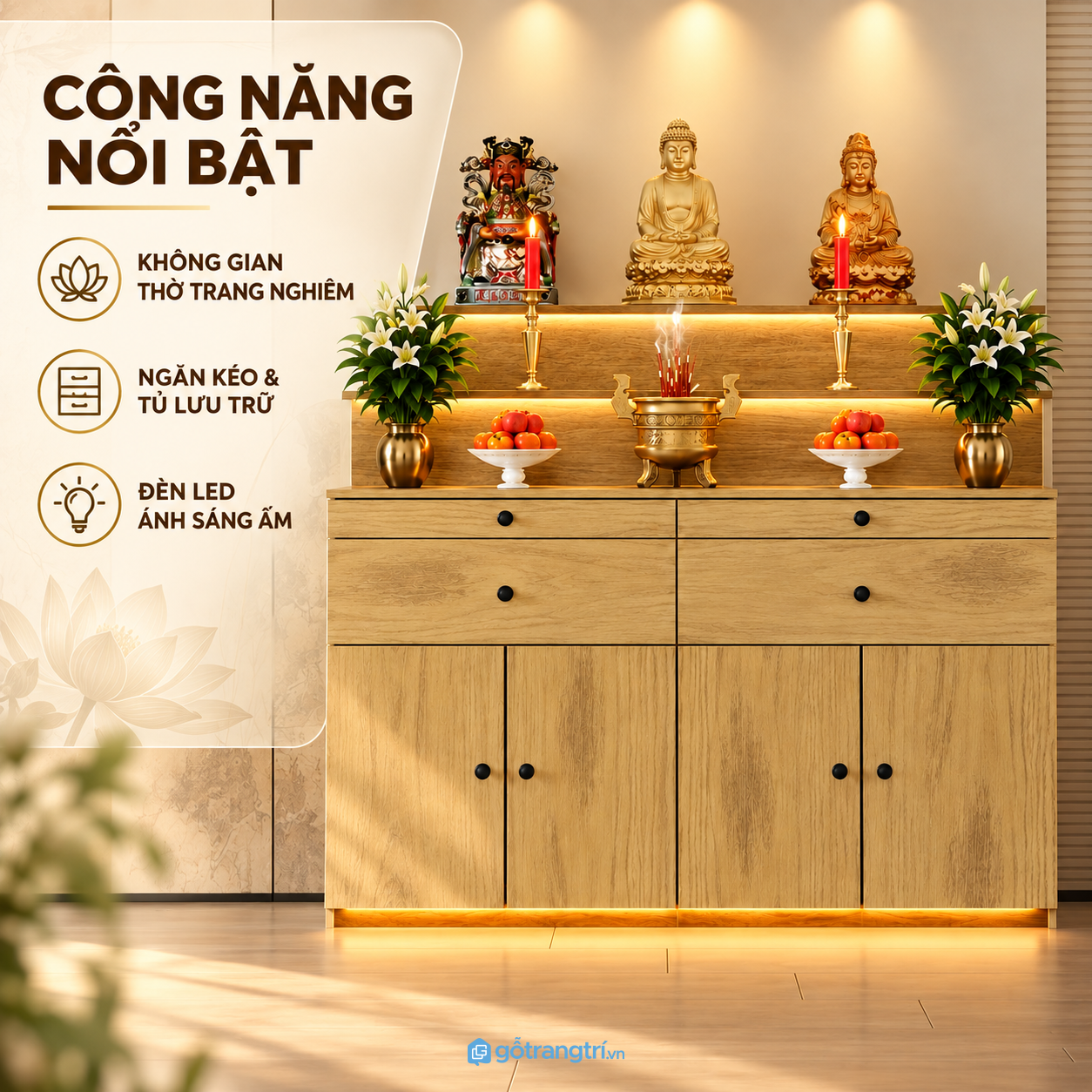 Nhiều ngăn lưu trữ, thuận tiện sắp xếp đồ thờ Nhiều ngăn lưu trữ, thuận tiện sắp xếp đồ thờ