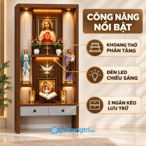 Nhiều tầng kệ, ngăn kéo tiện dụng cho vật phẩm Công giáo