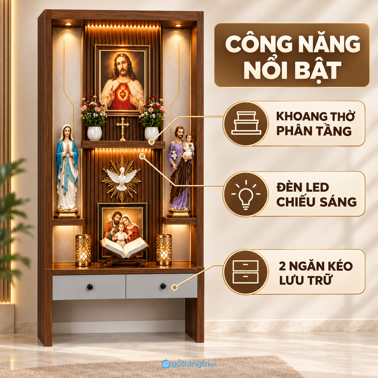 Nhiều tầng kệ, ngăn kéo tiện dụng cho vật phẩm Công giáo
