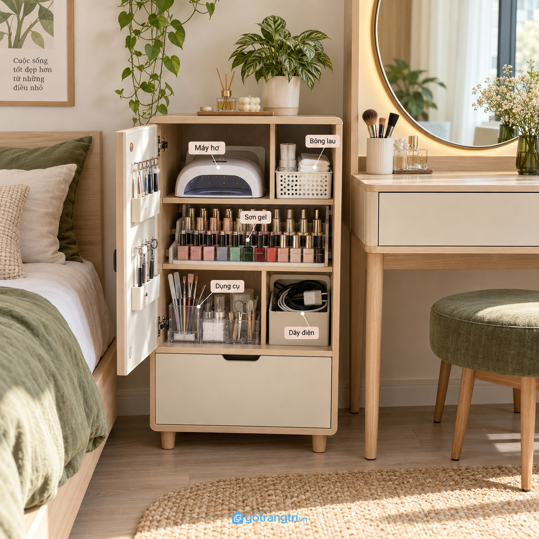 Tủ đồ làm nail tại nhà cho chung cư nhỏ giúp máy hơ sơn gel và dụng cụ chăm móng gọn sạch hơn