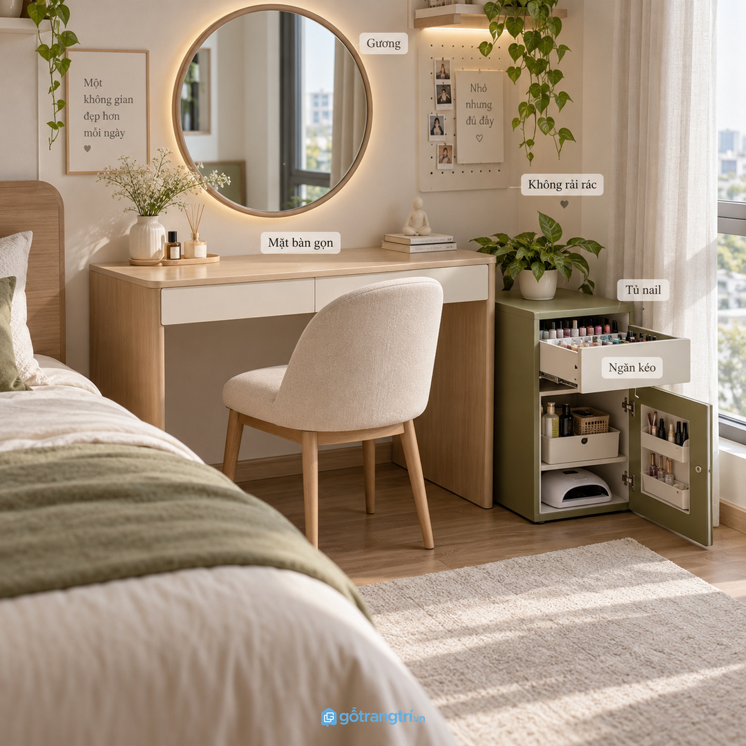 Đồ làm nail để rải rác làm bàn trang điểm và phòng khách nhanh rối