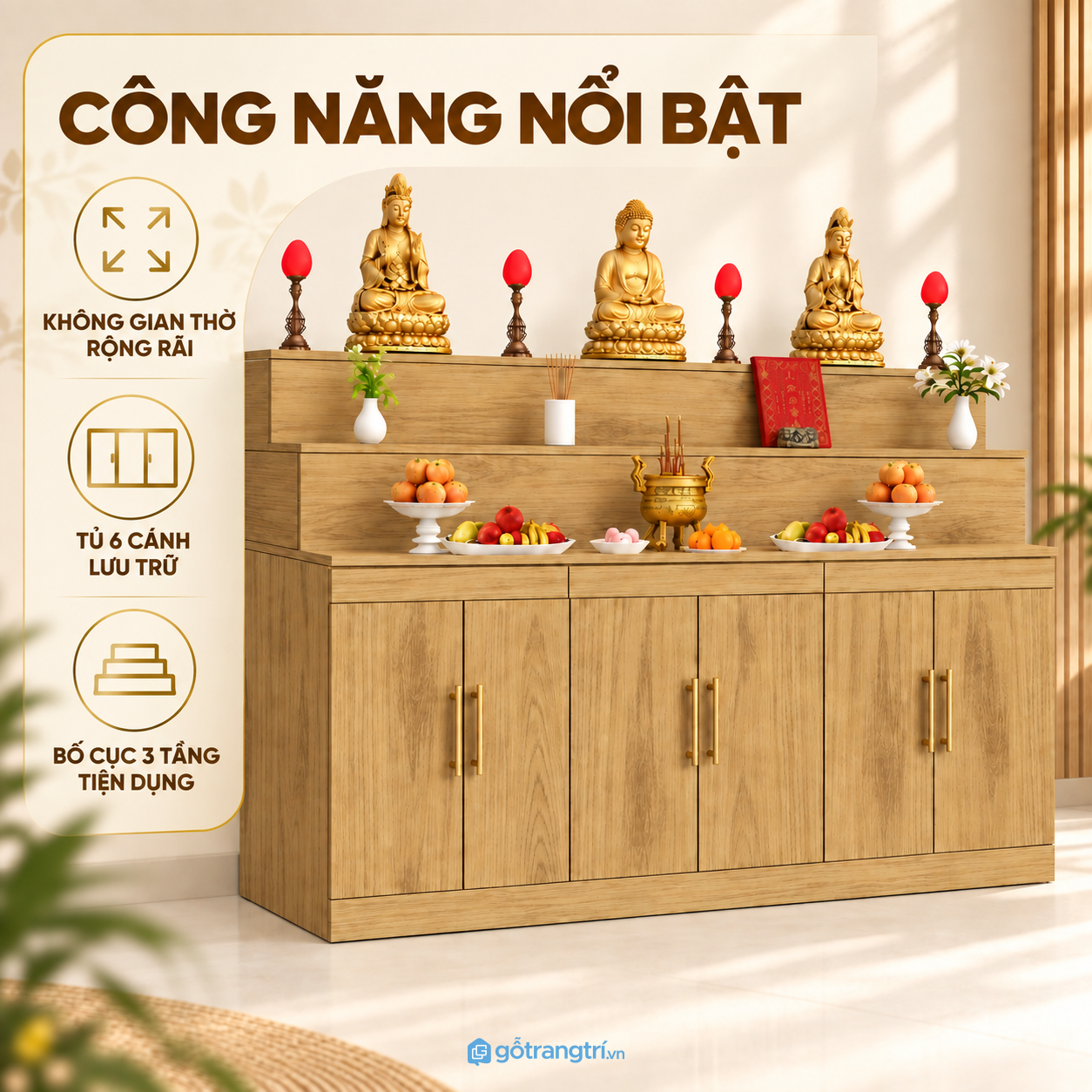 Sáu cánh tủ và ngăn kéo tăng diện tích lưu trữ
