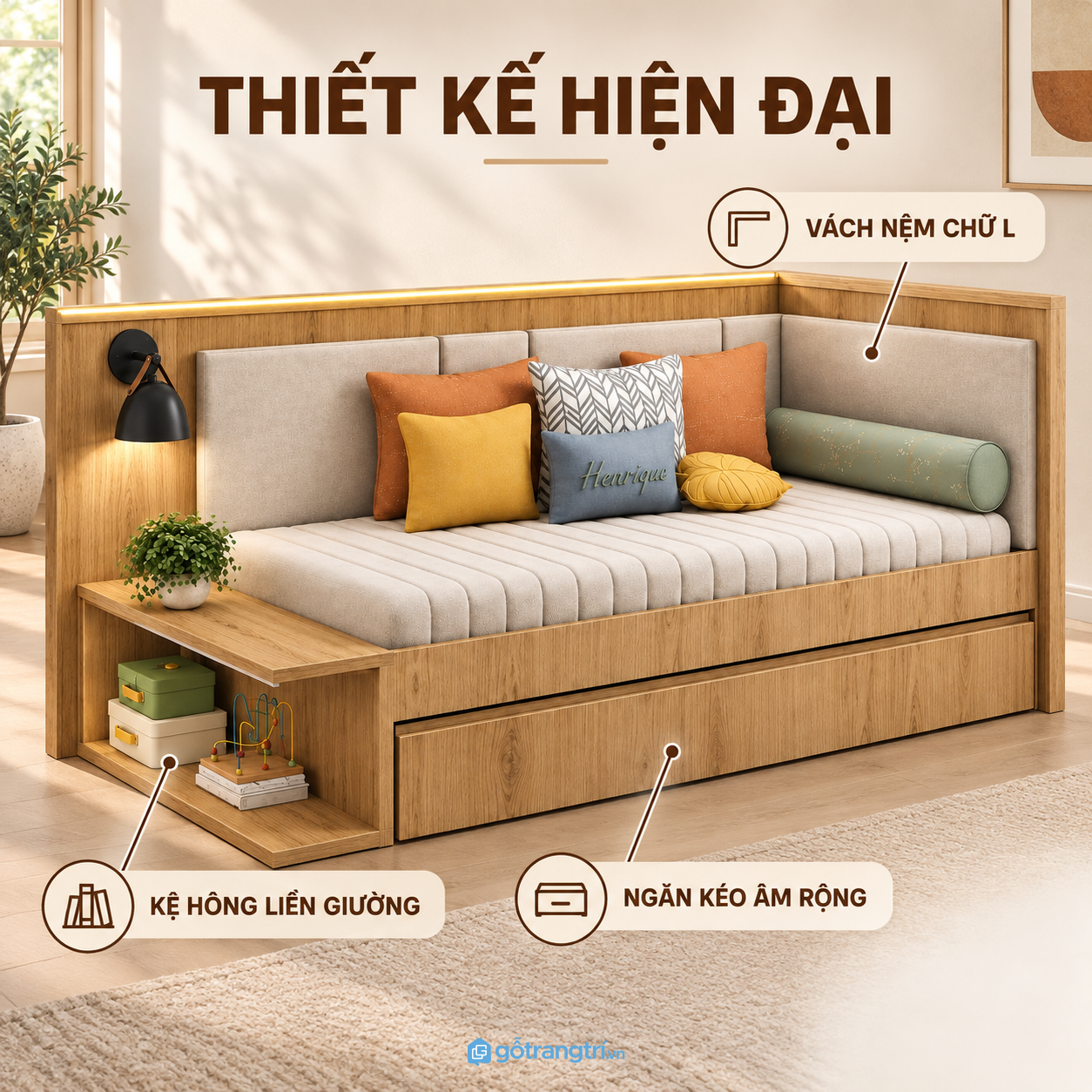 Thiết kế áp góc hiện đại với phần tựa lưng bọc nệm