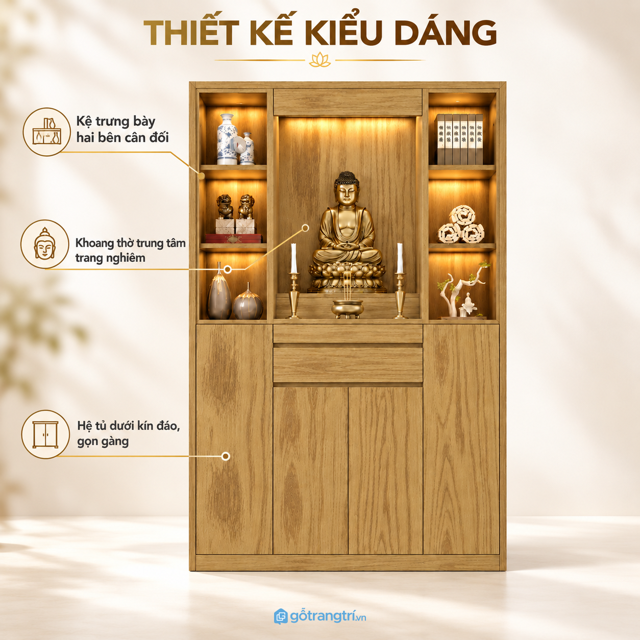 Thiết kế cân đối, trang nghiêm cho khu vực thờ