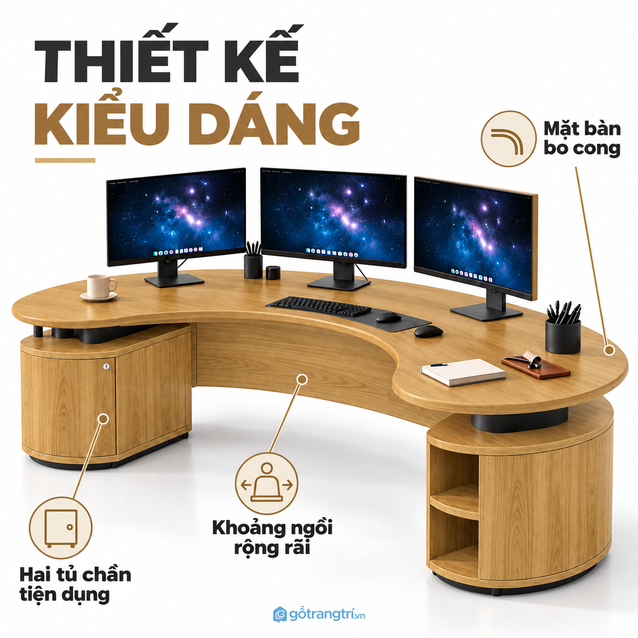 Thiết kế chữ U bo cong tạo vùng làm việc rộng