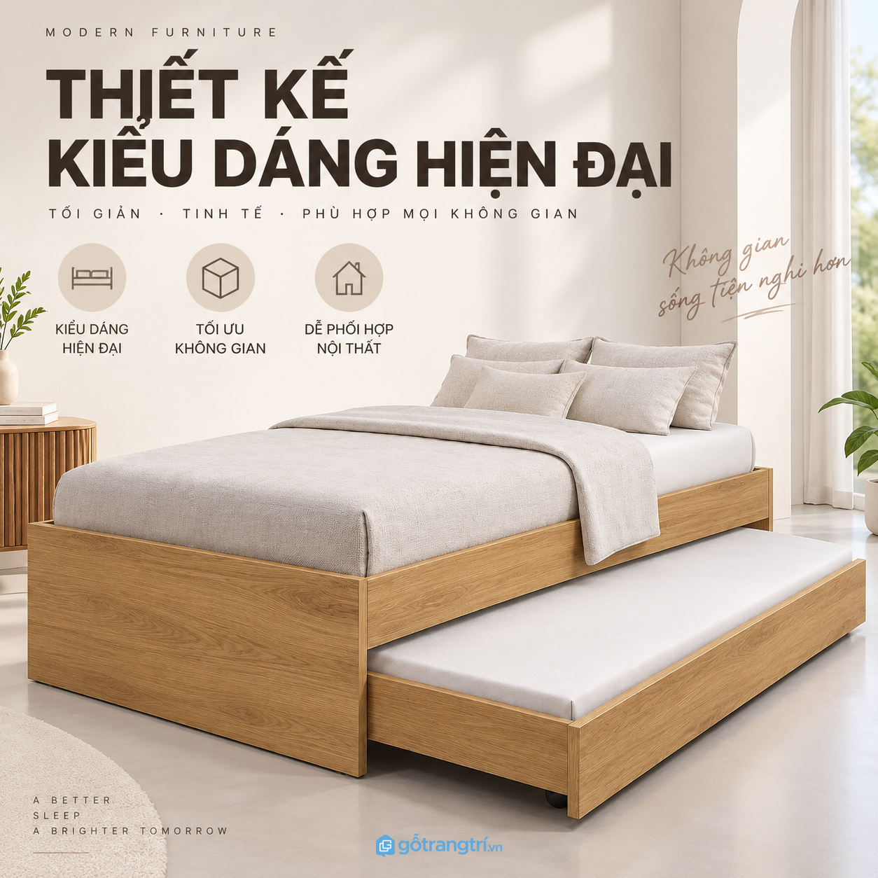 Thiết kế giường kéo thấp, gọn cho phòng có diện tích nhỏ