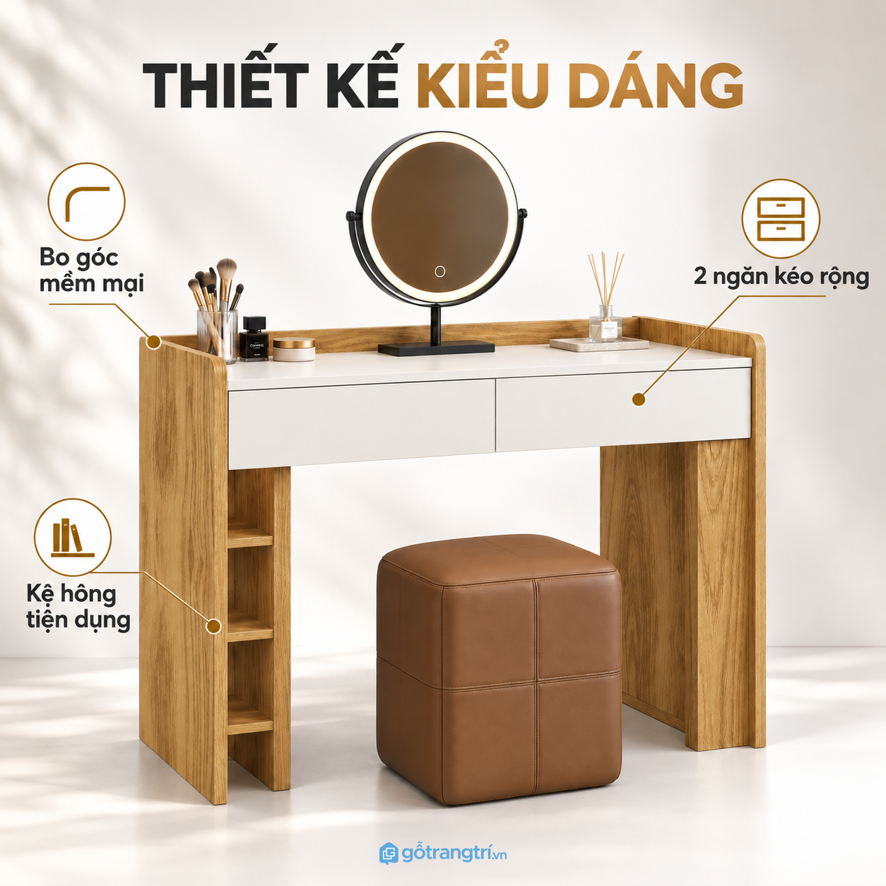 Thiết kế hiện đại, phối màu gỗ vàng và trắng