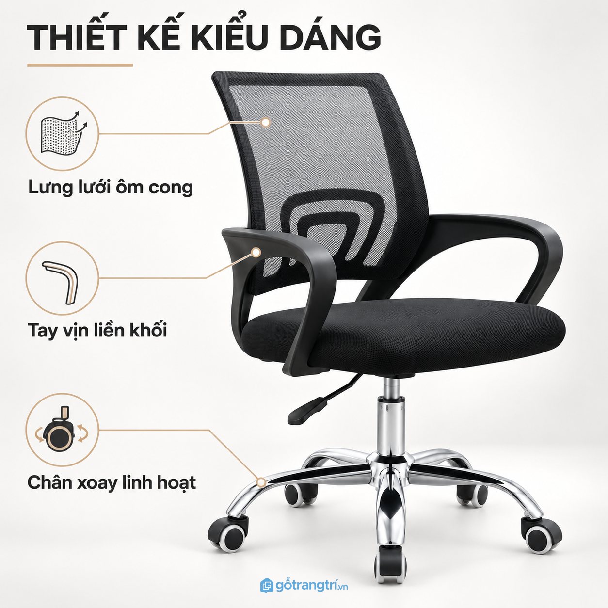 Thiết kế lưng lưới gọn, phù hợp văn phòng hiện đại Thiết kế lưng lưới gọn, phù hợp văn phòng hiện đại