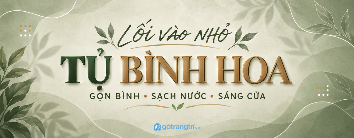 Tủ bình hoa phong thủy lối vào nhỏ: gọn bình, sạch nước và sáng cửa nhà