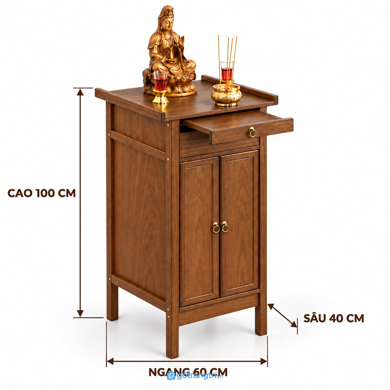 Tủ thờ đứng gỗ có ngăn kéo 2 cánh tiện dụng